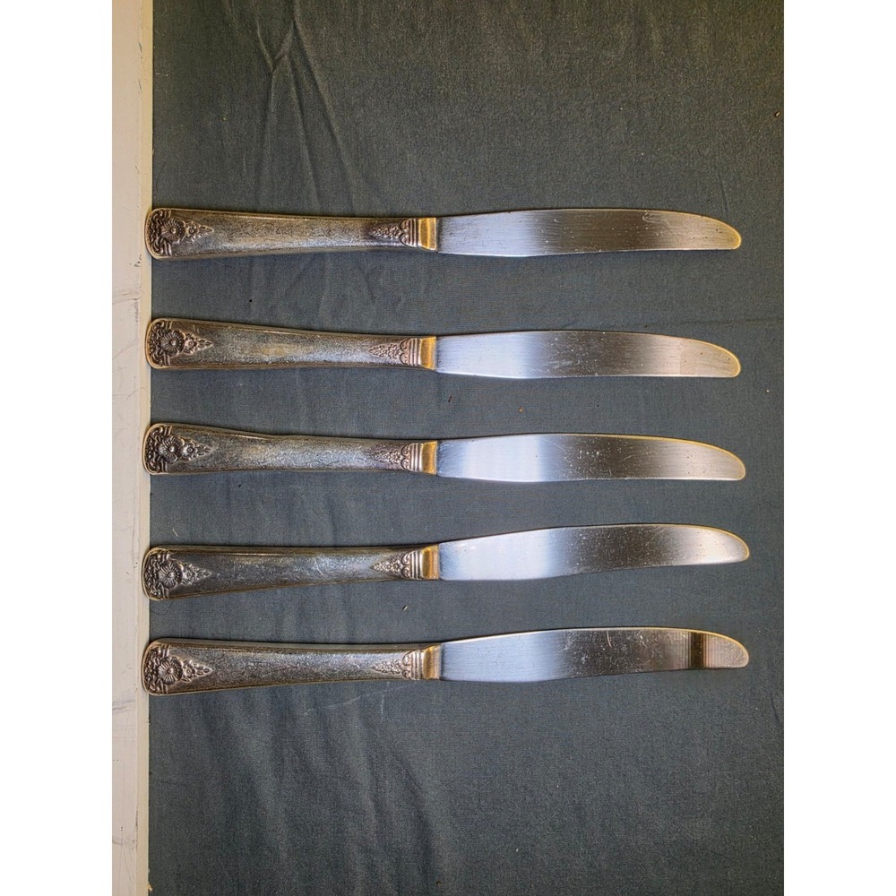 Vintage Silverplate Dinner Knives Set of 5 Floral Handle Pattern Silver Plate